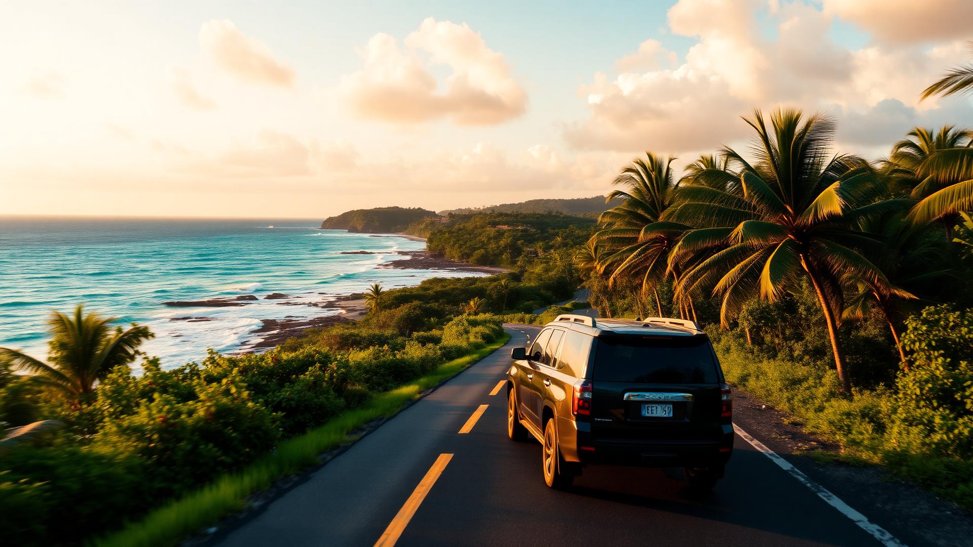 Coastal road in Jamaica with turquoise sea and palm trees